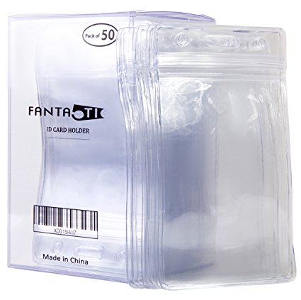 FANTA5TIC Pack of 50 Vertical Style ID Card Name Tag Badge Holder with Waterproof Type Resealable Zip,Clear Plastic PVC Vinyl Sleeve Pouch And Multipurpose Best for any Business office School college