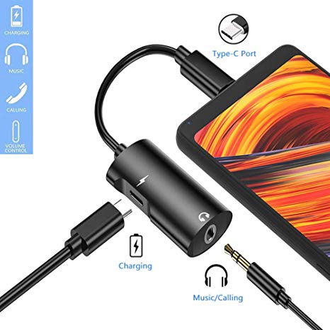 USB C to 3.5 mm Headphone Jack Adapter,2 in 1 Aux USB Type C Audio Charger Adapter,Compatible with Huawei P20 / P20 Pro/P30 Pro/Mate 10 Pro/Mate 20 Pro, Xiaomi 6/8/Note 3, Sony Xperia XZ2(Black)