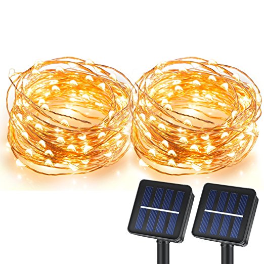 CREATIVE DESIGN 100 LED Solar String Lights, 33Ft Copper Wire Lights, Waterproof Starry String Lights for Indoor and Outdoor Decoration, Christmas Party, Holiday(Warm White) (2 PACK)