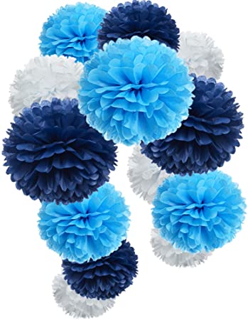 Paper Flower Tissue Pom Poms Party Supplies (Navy Blue,Turqoise Blue,White,12pc)