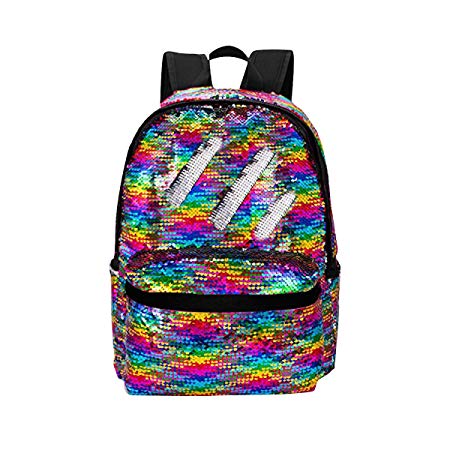 HeySun Reversible Sequins School Backpack for Girl Womens Lightweight Travel Backpack Daypack (Rainbow/Silver)