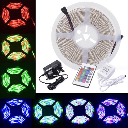 XCSOURCE® Waterproof 5 Meter RGB Color Changing Flexible LED Strip Kit 60 LEDs/m with IR Remote 24 Key Controller AC Power Supply Adapter UK Plug for Home Lighting Decoration