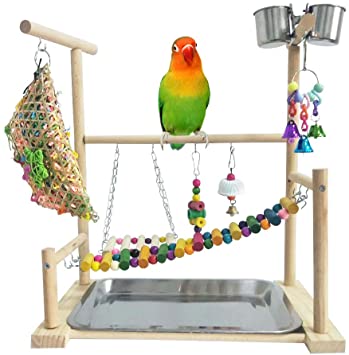 kathson Parrots Playground Bird Perch Gym Playpen Birds Chewing Toys Bridges with Swings Food Bowl for Parakeets African Grey Conures Cockatiel Cockatoos Parrotlets