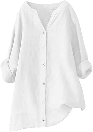 Womens Cotton Linen Shirts,Casual V Neck Button Down Shirts Long Sleeve Loose Comfy Work Tunic Tops Summer Blouse