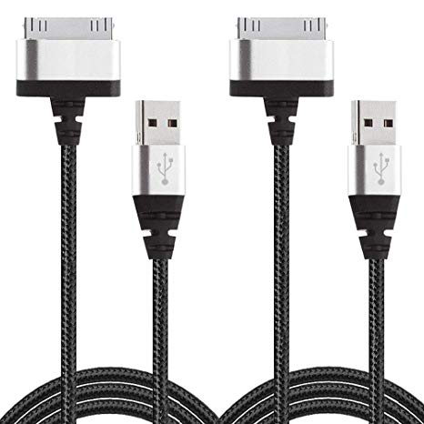 [2-Pack, 2m] 30-Pin Nylon braided USB Cable Compatible with iPhone 4 4S 3G 3GS, iPad 1, iPad 2, iPad 3, iPod 5, iPod Classic, iPod Nano 1st - 6th Gen, iPod Touch 1st - 4th Gen (Black)