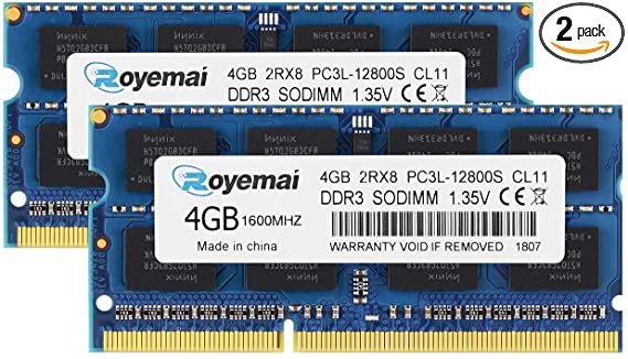 ROYEMAI 8GB DDR3 / DDR3L Kit (2x4GB) 1600MHz Sodimm PC3 / PC3L-12800 1.35V/1.5V CL11 2RX8 Non ECC Unbuffered Dual Rank RAM Memory Module for Laptop
