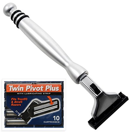 All Metal Heavyweight Chrome ATRA Compatible Twin Blade Razor & 10 Personna Pivot Plus Blades