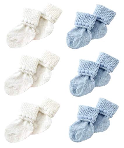 Blue & White Newborn Baby Socks by Nurses Choice - Includes 6 Pairs of Cotton Socks