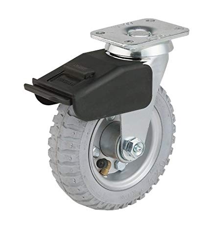 E.R. Wagner Pneumatic Plate Caster, Swivel with Total-Lock Brake, Soft Rubber on Steel Wheel