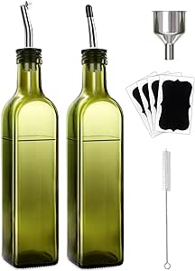 Olive Oil Dispenser Bottle, 2 Pcs Green Glass Olive Oil Dispenser and Vinegar Dispenser Set with 2 Stainless Steel Pourers, 4 Labels,1 Brush and 1 Funnel Oil Bottles for Kitchen (500ml)