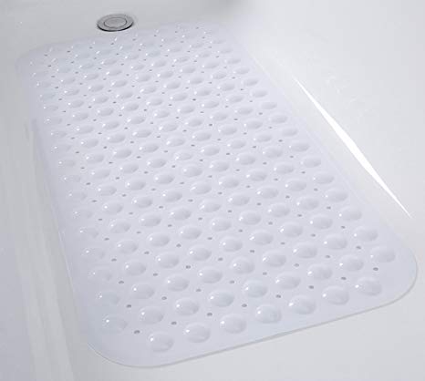 Tike Smart Non-Slip Bathtub Mat 31”x16” (for Smooth/Non-textured Tubs Only) Safe, Clean, Anti-bacterial, Machine-washable, Superior Grip&Drainage, Vinyl Bath Mat, Opaque White …