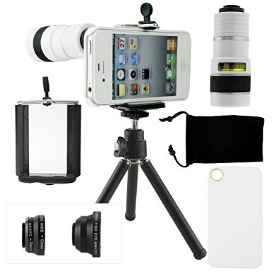 CamKix Camera Lens Kit for iPhone 4 / 4S including 8x Telephoto Lens / Fisheye Lens / 2in1 Macro Lens and Wide Angle Lens / Tripod / Phone Holder / Hard Case / Velvet Bag / Microfiber Cleaning Cloth