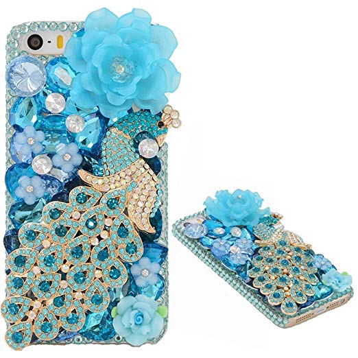 Spritech(TM) Bling Clear Phone Case For Iphone 7 Plus 5.5inch,3D Handmade Blue Crystal Peacock Flower Accessary Design Cellphone Hard Cover