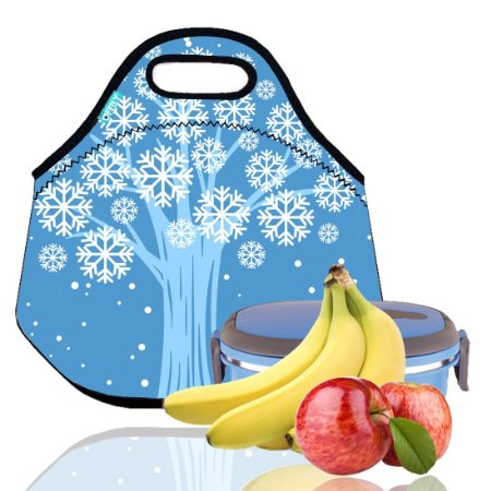 Lunch Tote, OFEILY Lunch boxes Lunch bags with Fine Neoprene Material Waterproof Picnic Lunch Bag Mom Bag (Blue snowflake Tree)