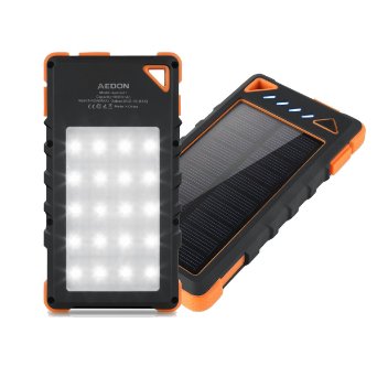 Aedon A1 10000mah Solar Charger - Portable Solar Power Bank External Battery Pack Charger with Carabiner 20 LED Lights for iPhone, iPad, Samsung Galaxy, Tablets (black   orange)