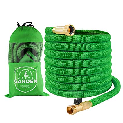 Joeys Garden Expanding Garden Hose - 25 Feet Green - Extra Strength Stretch Material with Brass Connectors - Bonus 8 Way Spray Nozzle, Carrying Bag and Hanger