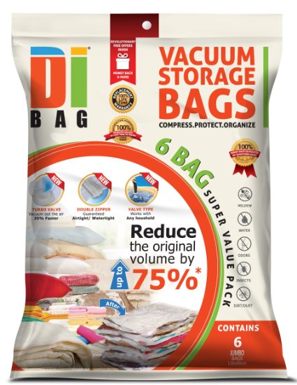 DIBAG ® Vacuum Compressed Storage Space Saver Bags . Flat vacuum bags for Clothing, Duvets, Bedding, Pillows, Curtains & More. (6, 130x90 cm)