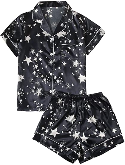 DIDK Women's Satin Contrast Binding Top and Shorts Pajama Set