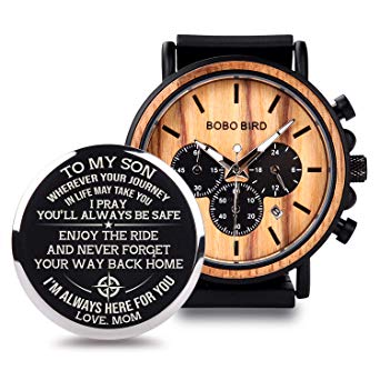 BOBO BIRD Mens Personalized Engraved Wooden Watches, Stylish Wood & Stainless Steel Combined Quartz Casual Wristwatches for Men Family Friends Customized Gift