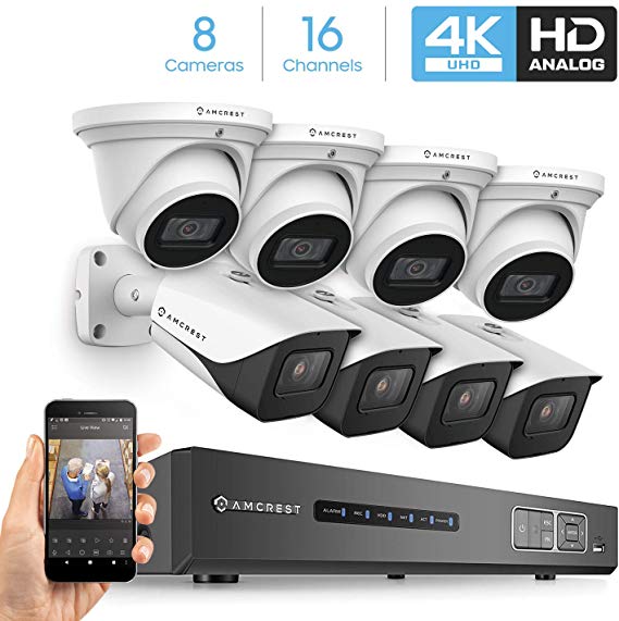 Amcrest 4K Security Camera System 16CH 8MP Video DVR with 8X 4K 8-Megapixel Indoor Outdoor Weatherproof IP67 Bullet & Dome Cameras, 2.8mm Lens, HDD Not Included, for Home Business (AMDV8M16-4B4D-W)