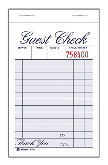 Adams Guest Check Pad, Single Part, White, 3-11/32" x 4-15/16", 100 Sheets/Pad, 12 Pads/Pack (2100-12)