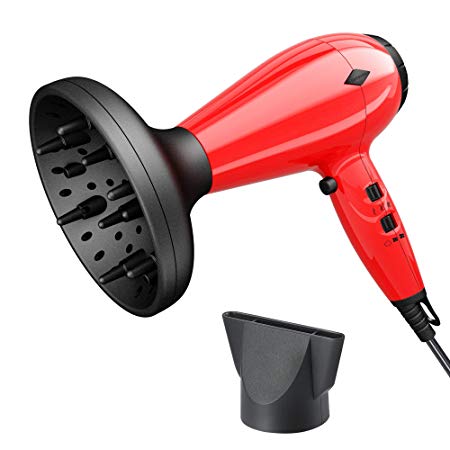 NITION Ionic Hair Dryer with Diffuser Attachment 1875 Watt Ceramic Negative Ion Blow Dryer Cool Shot Button 3 Heat/2 Speed Settings for Quick Drying,Compact size Lightweight,Red