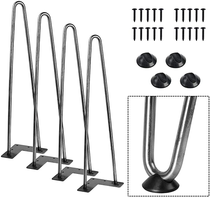 SmartStandard 16" Industrial Rustic Hairpin Legs, 2rods Metal Coffee Table Leg Set of 4, Raw Steel and Heavy Duty for DIY Furniture, Desk, Stand, Bench