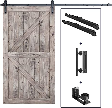 8 FT Soft Close Sliding Barn Door Hardware Kit, Handle and Floor Guide Bundle - Smoothly and Quietly - Simple and Easy to Install - Fit 48" Door Panel (J Shape)