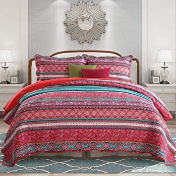 NEWLAKE Cotton Bedspread Quilt Sets-Reversible Patchwork Coverlet Set, Striped Bohemian Pattern,King Size