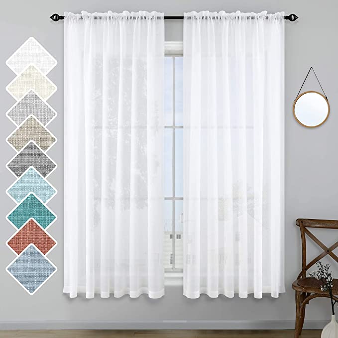 White Semi Sheer Curtains 63 Inch Length for Bedroom Pair Set 2 Panels Rod Pocket Translucent Light Filtering Faux Linen Textured Solid Privacy Curtains Sheer for Closet Wide 52x63 in Long