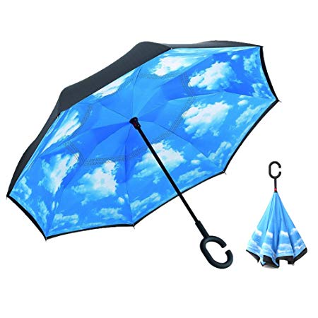 XIAOMOGU Creative Double Layer Inverted Umbrella Cars Reverse Umbrella, Windproof UV Protection Inverted Umbrella for Car Rain Outdoor Hands Free Handle With Carrying Bag