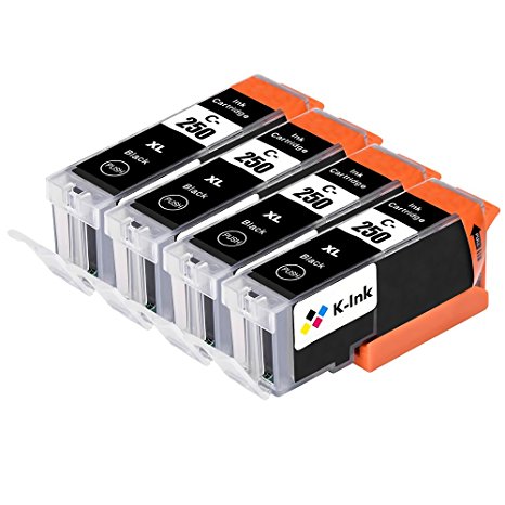 K-Ink Compatible Black Ink Cartridges for PGI 250 PGI-250 XL for PIXMA MX922 MG5522 MG5620 MG6320 (4 Black)