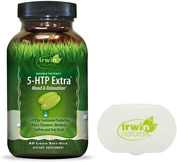 Irwin Naturals 5-HTP Extra Double Potency Mood & Relaxation Seratonin Production Plus L-Theanine, Rhodiola, Saffron & Holy Basil- 60 Liquid Soft-Gels - Bundle with a Pill Case