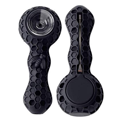 Unbreakable Honey Silicone Straw Pipe with Cleaner Cover and Decorative Bowl Interior (Black)