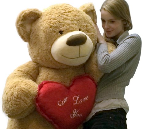 I Love You Giant Teddy Bear for Valentines Day or Any Day Five Feet Tall Squishy Soft Holds Big Plush Red Heart Pillow Embroidered with the Phrase I LOVE YOU