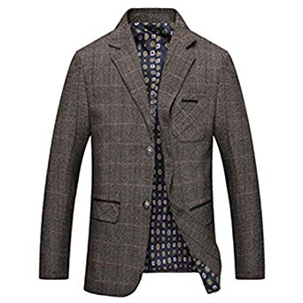 LINGMIN Men's Herringbone Wool Blazer Jacket 2 Button Casual Working Suit Jacket
