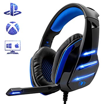 PS4 Gaming Headset with Mic, Beexcellent Newest Deep Bass Stereo Sound Over Ear Headphone with Noise Isolation LED Light for PC Laptop Tablet Mac (Blue)