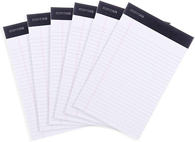 Mintra Office Legal Pads - ((BASIC WHITE 6pk, 5in x 8in, NARROW RULED)) - 50 Sheets per Notepad, Micro perforated Writing Pad, Notebook Paper for School, College, Office, Business