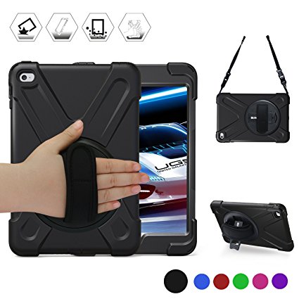 iPad Mini4 Shockpoof Case,BRAECN Three Layer Drop Protection Rugged Protective Heavy Duty iPad Case With a 360 Degree Swivel Stand/a Hand Strap and a Shoulder Strap For iPad Mini 4 Case (black)