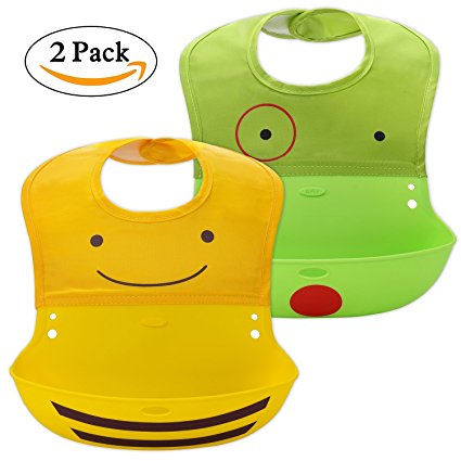 Waterproof Baby Bib, Soft Silicone Roll Up Feeding Bibs with Pocket, Easily Wipes Clean Adjustable Neck Portable Foldable Baby & Toddler Feeding Supplies, Set of 2 Colors(Yellow Green)