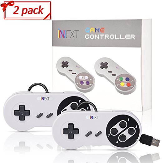 New SNES Super Nintendo Controller Gamepad Joystick, iNNEXT Retro USB Super Classic Controller Joypad Gamestick for PC / Mac / Raspberry Pi / Linux / Android (Black/Grey) (Pack of 2)