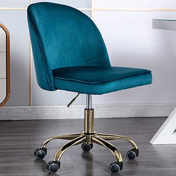 Comfy Armless Home Office Chair, Velvet Swivel Desk Chair, for Living Room, Bedroom, Vanity, Height Adjustable, Peacock Blue