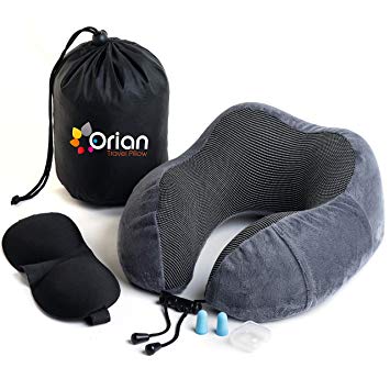 Orian Travel Pillow Set, Pure Memory Foam, Full Head & Neck Support, The Best Travel Set on an Airplane\Car\Bus Incl. Luxury Eye Mask, Earplugs & Large Side Cellphone Pocket -Grey