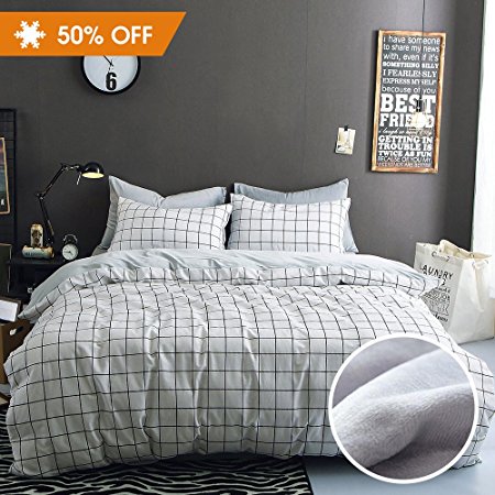 Vougemarket Plaid Flannel Duvet Cover Set,with 100% Cotton on Plaid Side + Flannel Solid Color on Bottom Side,3 Pieces White Grid Winter Warm Bedding Set-King,Cold Ash