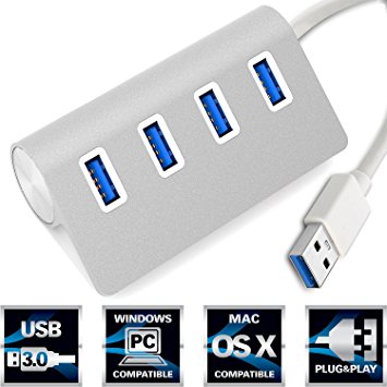 Aluminum USB 3.0 Hub, PUGO TOP® Premium 4 Port Silver Aluminum USB 3.0 Hub (11.8" cable) for iMac, MacBook, MacBook Pro, MacBook Air, Mac Mini, or any PC [Silver]