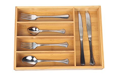 Organic Bamboo Wooden Cutlery Drawer Organizer with 5 compartments,Durable Utensil Tray,Nice and Antimicrobial Flatware Drawer Divers,Natural and Eco-friendly