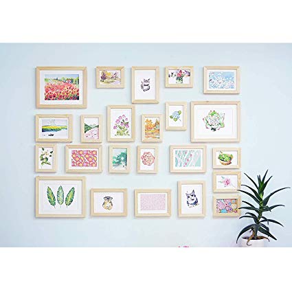 Ray & Chow Natural Photo Picture Gallery Wall Frame Set - Solid Wood -23 Frames - Glass Window- with White Picture Mats- Frame Width 2cm -Unpainted