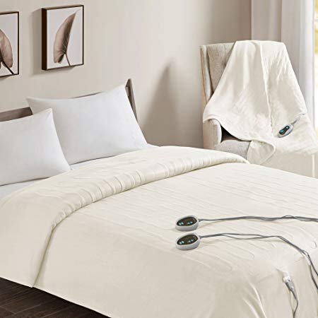 Beautyrest - Heated Fleece Blanket and Throw Combo Set - Ivory - Twin Size Blanket 62" x 84"   Throw 50" x 60" - with 2 Heat-Regulating Controllers