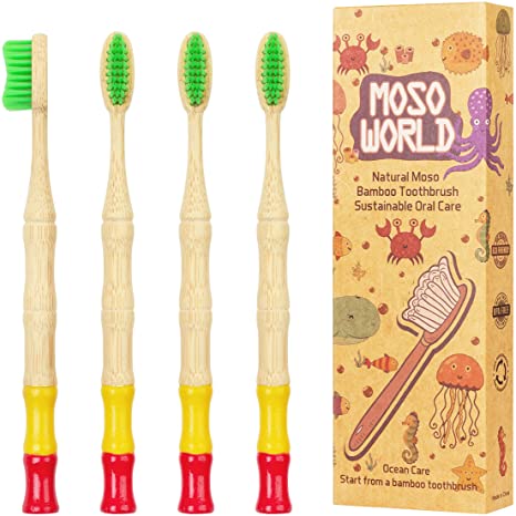 Moso Bamboo Toothbrushes Natural Wooden Toothbrush Eco-Friendly Plastic Free - Medium Soft Bristles Toothbrush 4 Packs for Family (Red and Yellow)