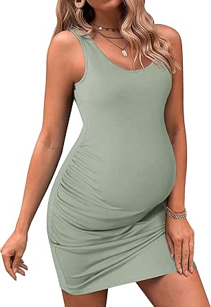 Ekouaer Womens Summer Maternity Dress Side Ruching Sleeveless Bodycon Dress Cute Pregnancy Dress S-XXL